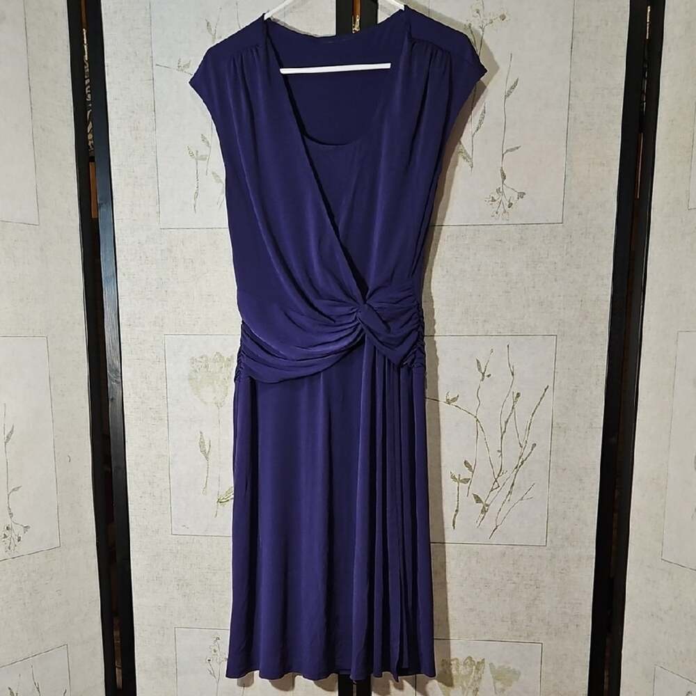 Purple Midi Sheath Dress with V-Neck and Cap Sleeves
